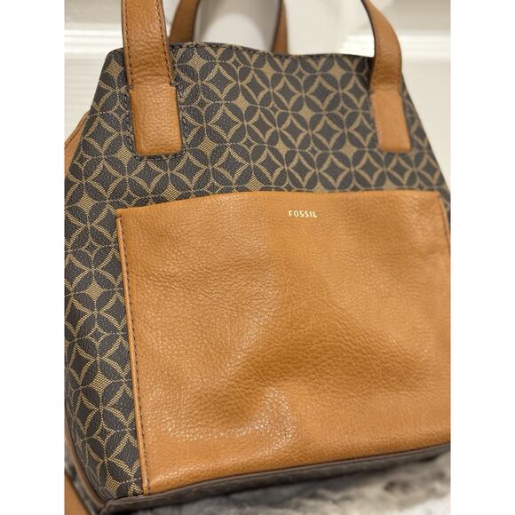 Fossil Handbag Darby Satchel Shoulder Tote Geometric Brown Leather Bucket Bag - Picture 1 of 10